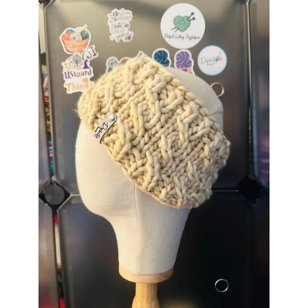 Hand Knit Merino Wool Headband - Lean On Me Design - Ivory Merino Wool